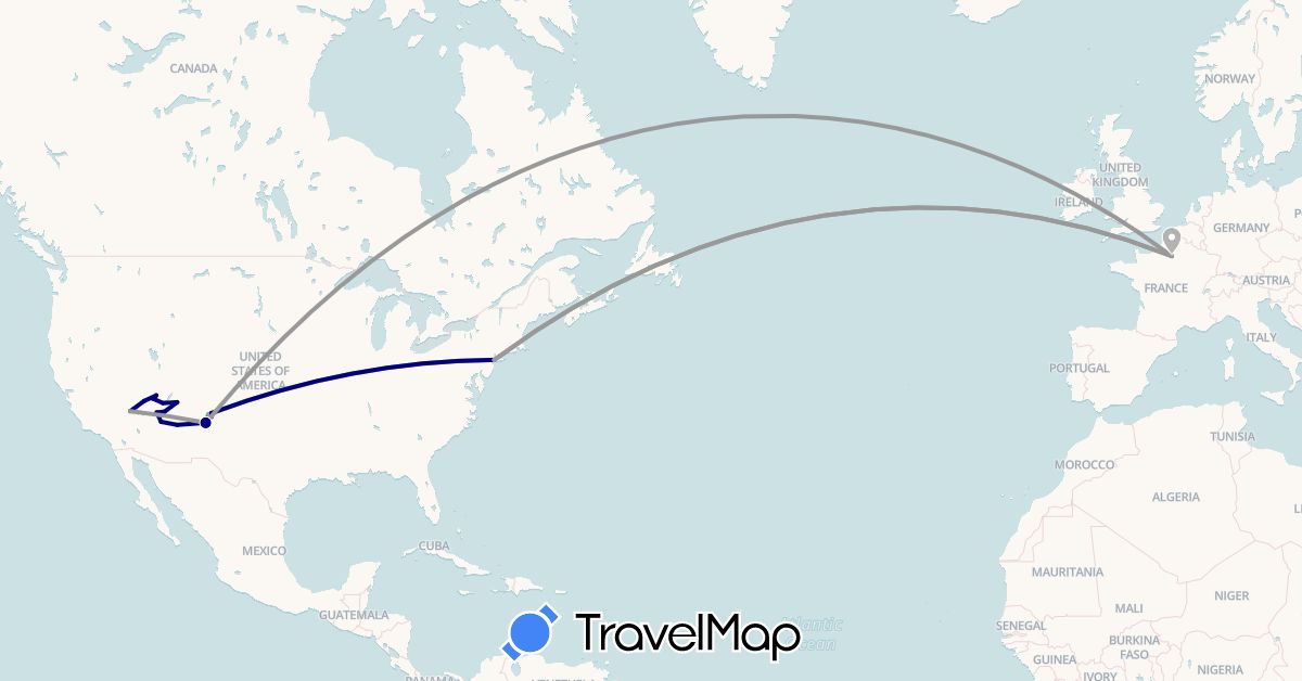 TravelMap itinerary: driving, bus, plane, train in France, United States (Europe, North America)