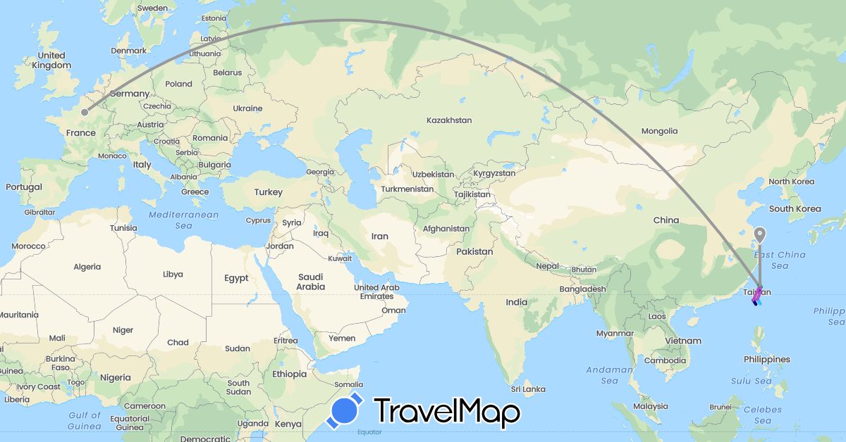 TravelMap itinerary: driving, bus, plane, train, boat in China, France, Taiwan (Asia, Europe)
