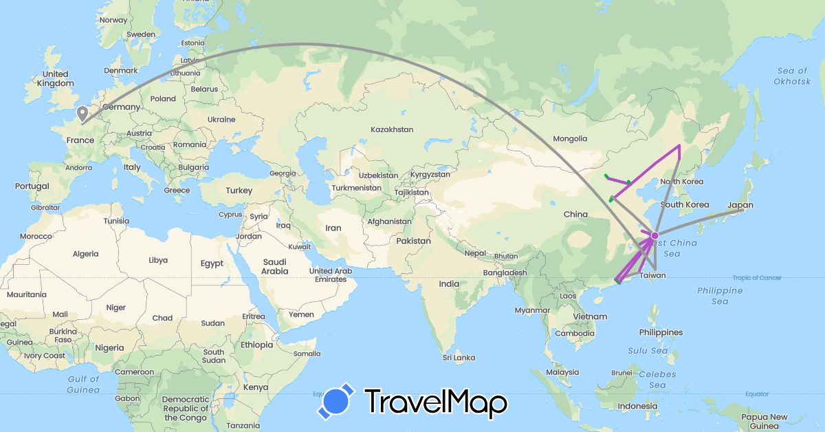 TravelMap itinerary: driving, bus, plane, train, boat in China, France, Hong Kong, Japan, Taiwan (Asia, Europe)